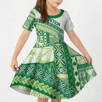 Samoa Mamanu Siapo Forest Green Kid Short Sleeve Dress Tatau Malie LT7 KID Forest Green - Polynesian Pride