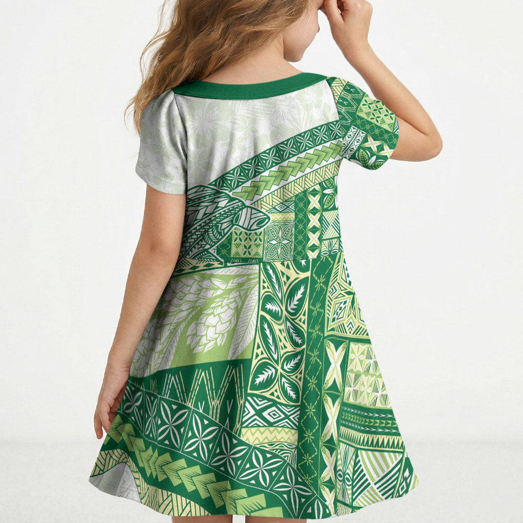 Samoa Mamanu Siapo Forest Green Kid Short Sleeve Dress Tatau Malie LT7 - Polynesian Pride