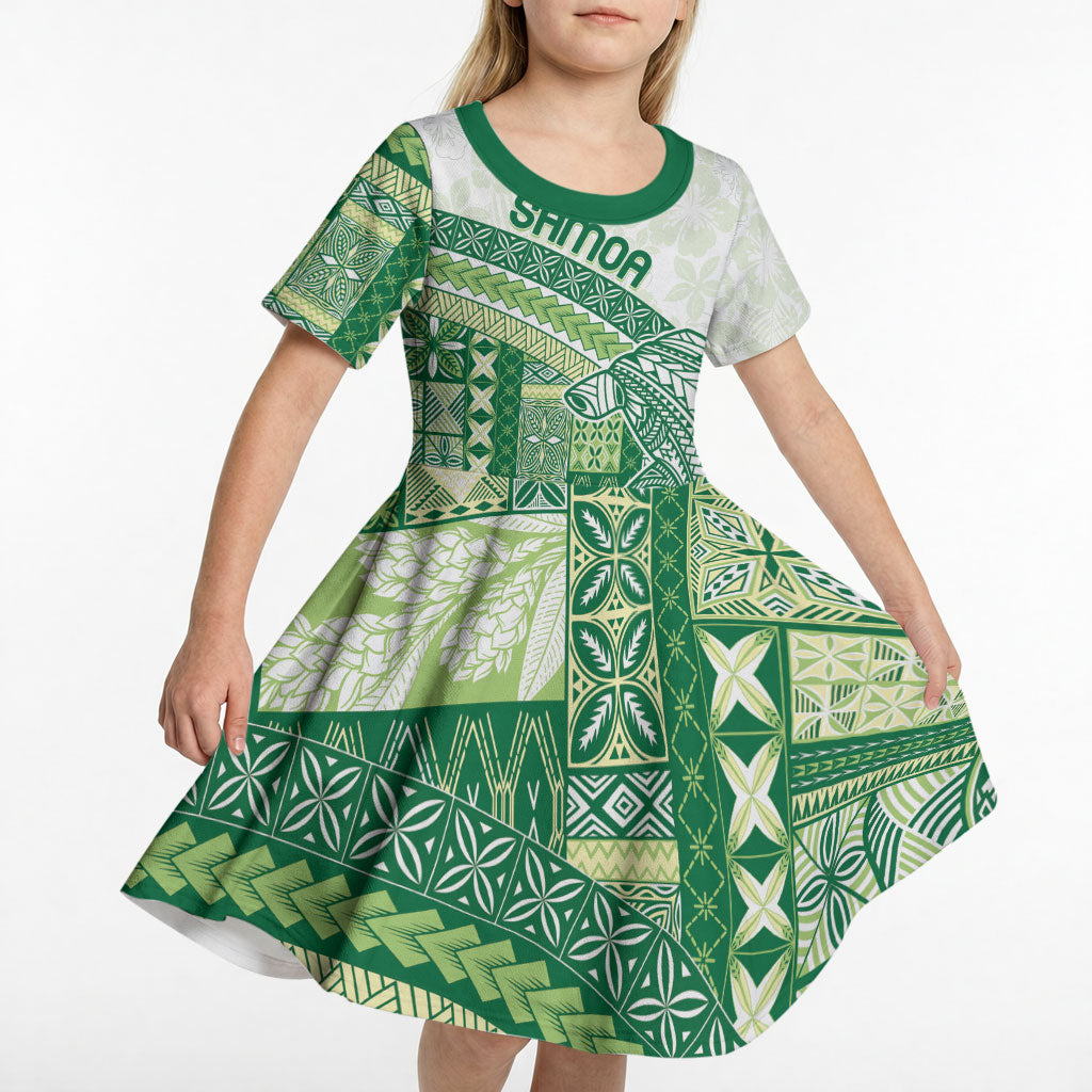 Samoa Mamanu Siapo Forest Green Kid Short Sleeve Dress Tatau Malie LT7 - Polynesian Pride