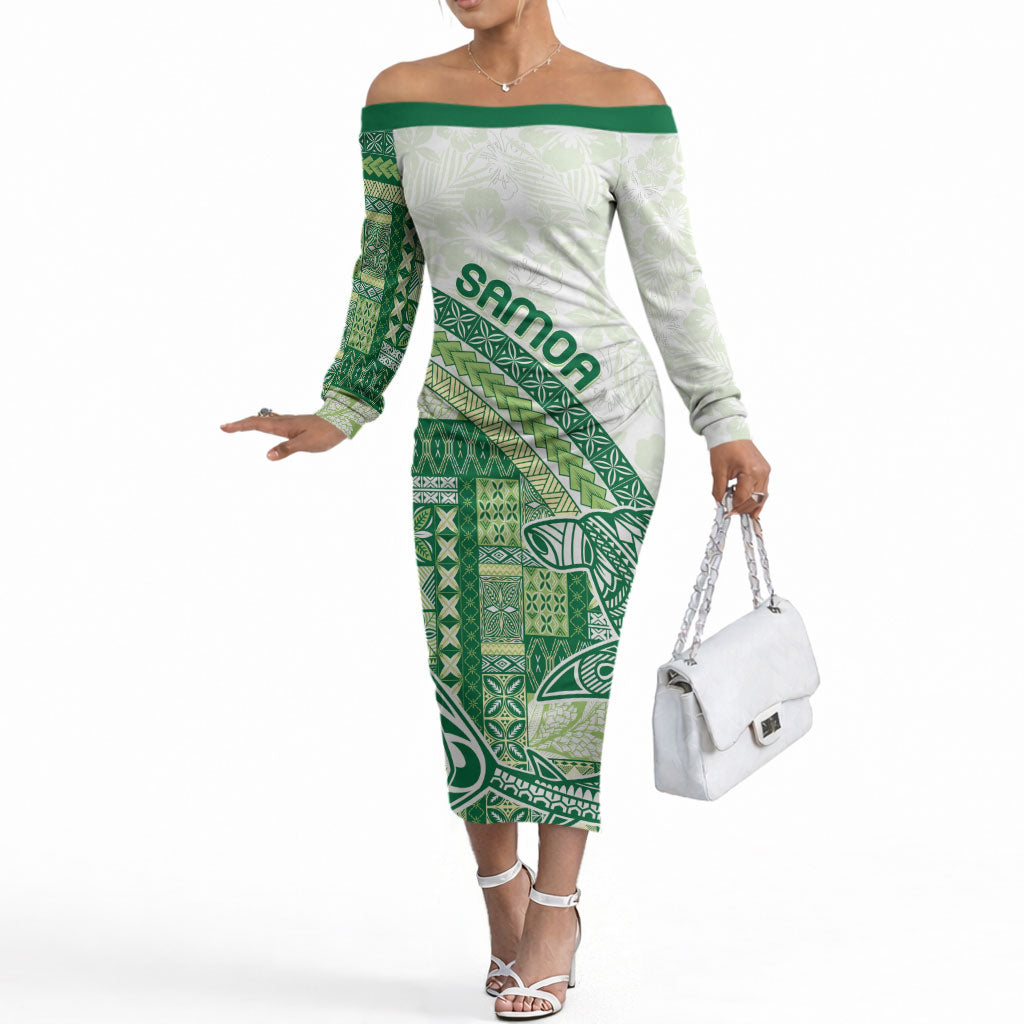 Samoa Mamanu Siapo Forest Green Off The Shoulder Long Sleeve Dress Tatau Malie LT7 Women Forest Green - Polynesian Pride