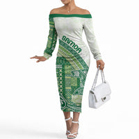 Samoa Mamanu Siapo Forest Green Off The Shoulder Long Sleeve Dress Tatau Malie LT7 Women Forest Green - Polynesian Pride