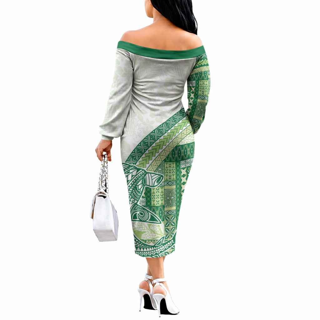 Samoa Mamanu Siapo Forest Green Off The Shoulder Long Sleeve Dress Tatau Malie LT7 - Polynesian Pride