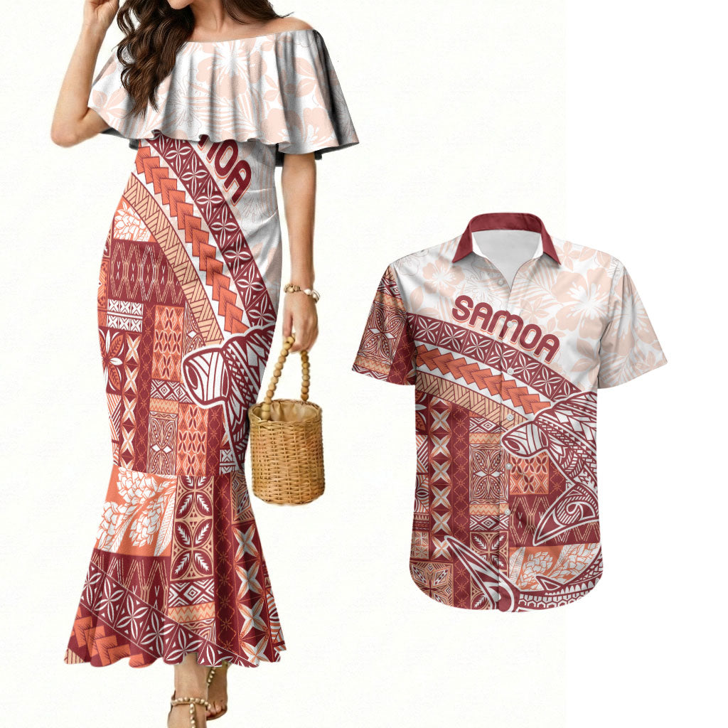 Samoa Mamanu Siapo Crimson Couples Matching Mermaid Dress and Hawaiian Shirt Tatau Malie LT7 Red - Polynesian Pride
