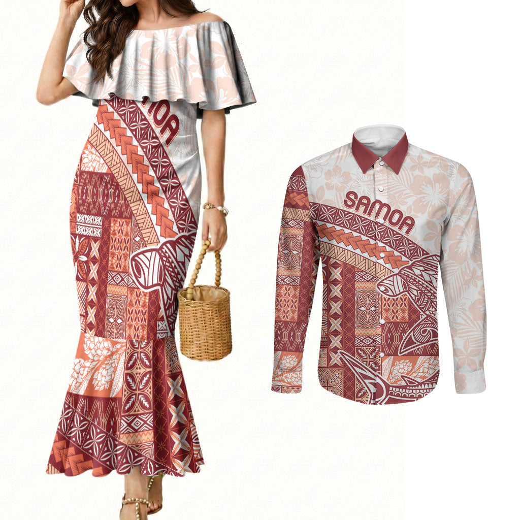 Samoa Mamanu Siapo Crimson Couples Matching Mermaid Dress and Long Sleeve Button Shirt Tatau Malie LT7 Red - Polynesian Pride