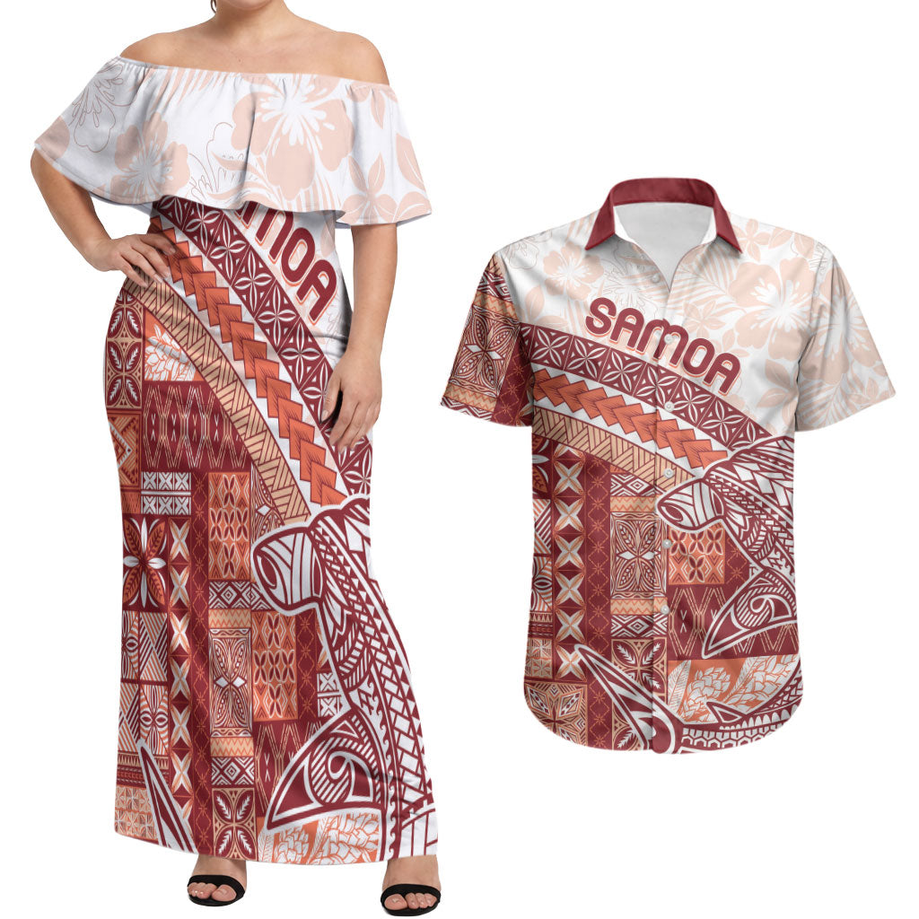 Samoa Mamanu Siapo Crimson Couples Matching Off Shoulder Maxi Dress and Hawaiian Shirt Tatau Malie LT7 Red - Polynesian Pride