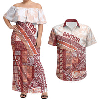 Samoa Mamanu Siapo Crimson Couples Matching Off Shoulder Maxi Dress and Hawaiian Shirt Tatau Malie LT7 Red - Polynesian Pride