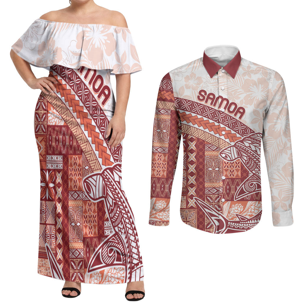 Samoa Mamanu Siapo Crimson Couples Matching Off Shoulder Maxi Dress and Long Sleeve Button Shirt Tatau Malie LT7 Red - Polynesian Pride
