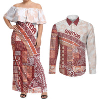 Samoa Mamanu Siapo Crimson Couples Matching Off Shoulder Maxi Dress and Long Sleeve Button Shirt Tatau Malie LT7 Red - Polynesian Pride