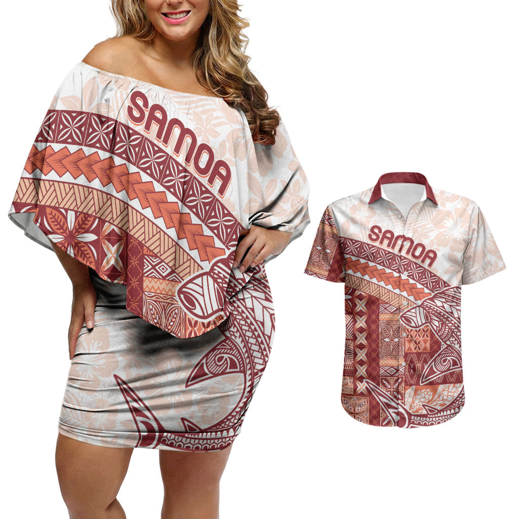 Samoa Mamanu Siapo Crimson Couples Matching Off Shoulder Short Dress and Hawaiian Shirt Tatau Malie LT7 Red - Polynesian Pride