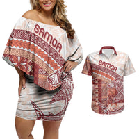 Samoa Mamanu Siapo Crimson Couples Matching Off Shoulder Short Dress and Hawaiian Shirt Tatau Malie LT7 Red - Polynesian Pride