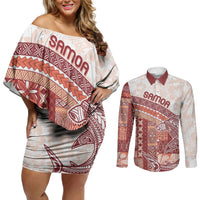 Samoa Mamanu Siapo Crimson Couples Matching Off Shoulder Short Dress and Long Sleeve Button Shirt Tatau Malie LT7 Red - Polynesian Pride