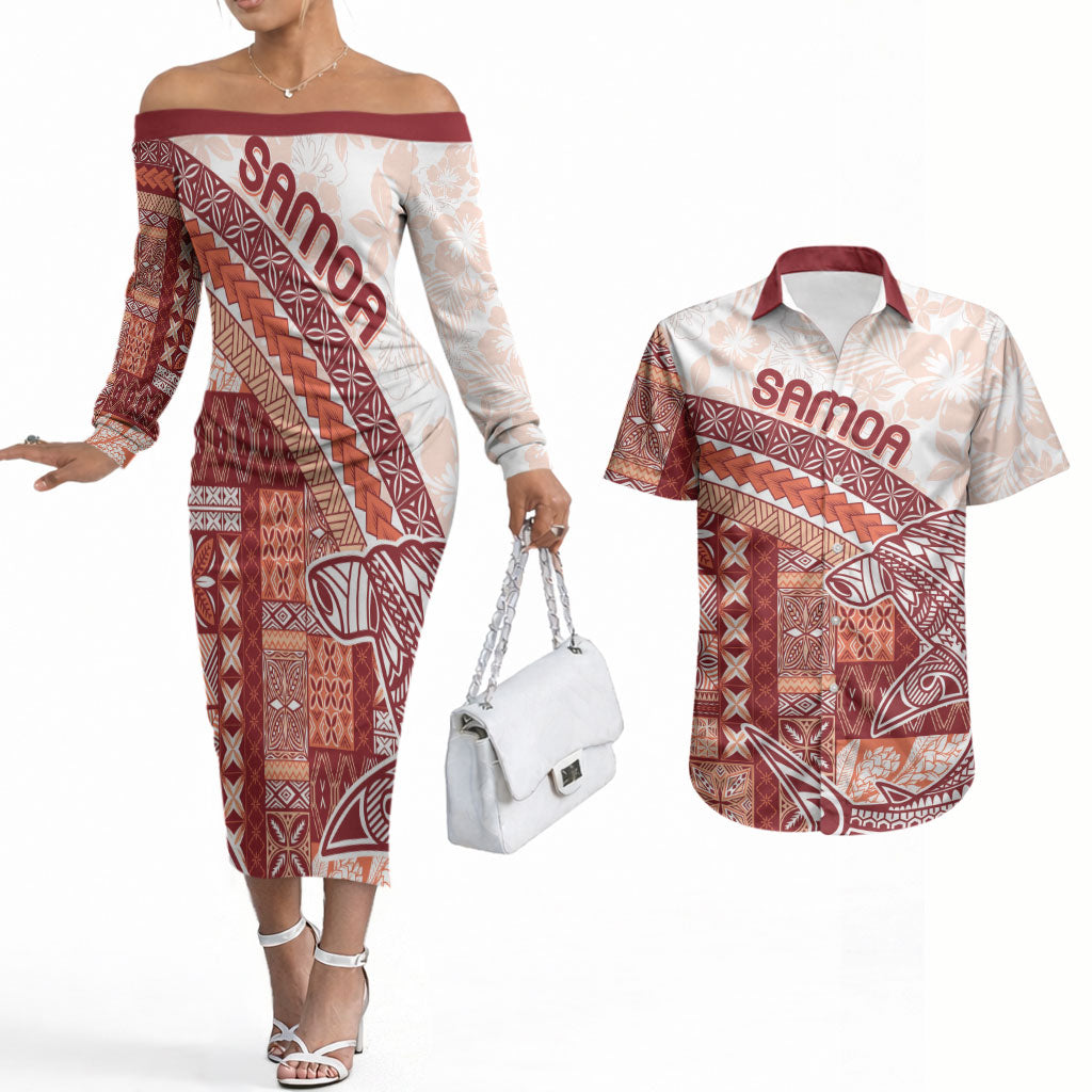 Samoa Mamanu Siapo Crimson Couples Matching Off The Shoulder Long Sleeve Dress and Hawaiian Shirt Tatau Malie LT7 Red - Polynesian Pride