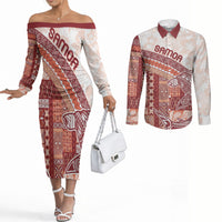 Samoa Mamanu Siapo Crimson Couples Matching Off The Shoulder Long Sleeve Dress and Long Sleeve Button Shirt Tatau Malie LT7 Red - Polynesian Pride
