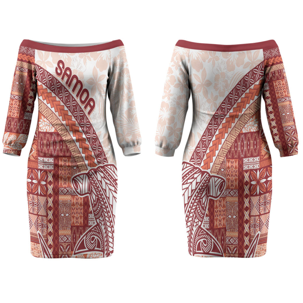 Samoa Mamanu Siapo Crimson Couples Matching Off The Shoulder Long Sleeve Dress and Long Sleeve Button Shirt Tatau Malie LT7 - Polynesian Pride