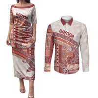 Samoa Mamanu Siapo Crimson Couples Matching Puletasi and Long Sleeve Button Shirt Tatau Malie LT7 Red - Polynesian Pride