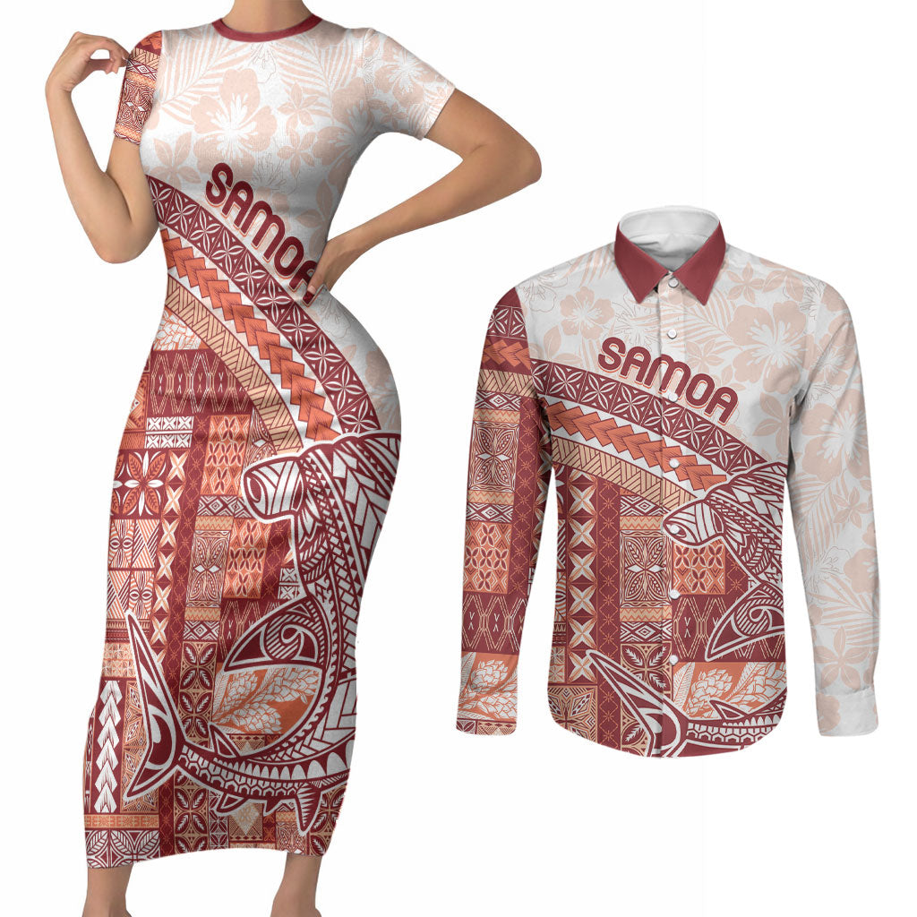 Samoa Mamanu Siapo Crimson Couples Matching Short Sleeve Bodycon Dress and Long Sleeve Button Shirt Tatau Malie LT7 Red - Polynesian Pride