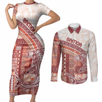 Samoa Mamanu Siapo Crimson Couples Matching Short Sleeve Bodycon Dress and Long Sleeve Button Shirt Tatau Malie LT7 Red - Polynesian Pride