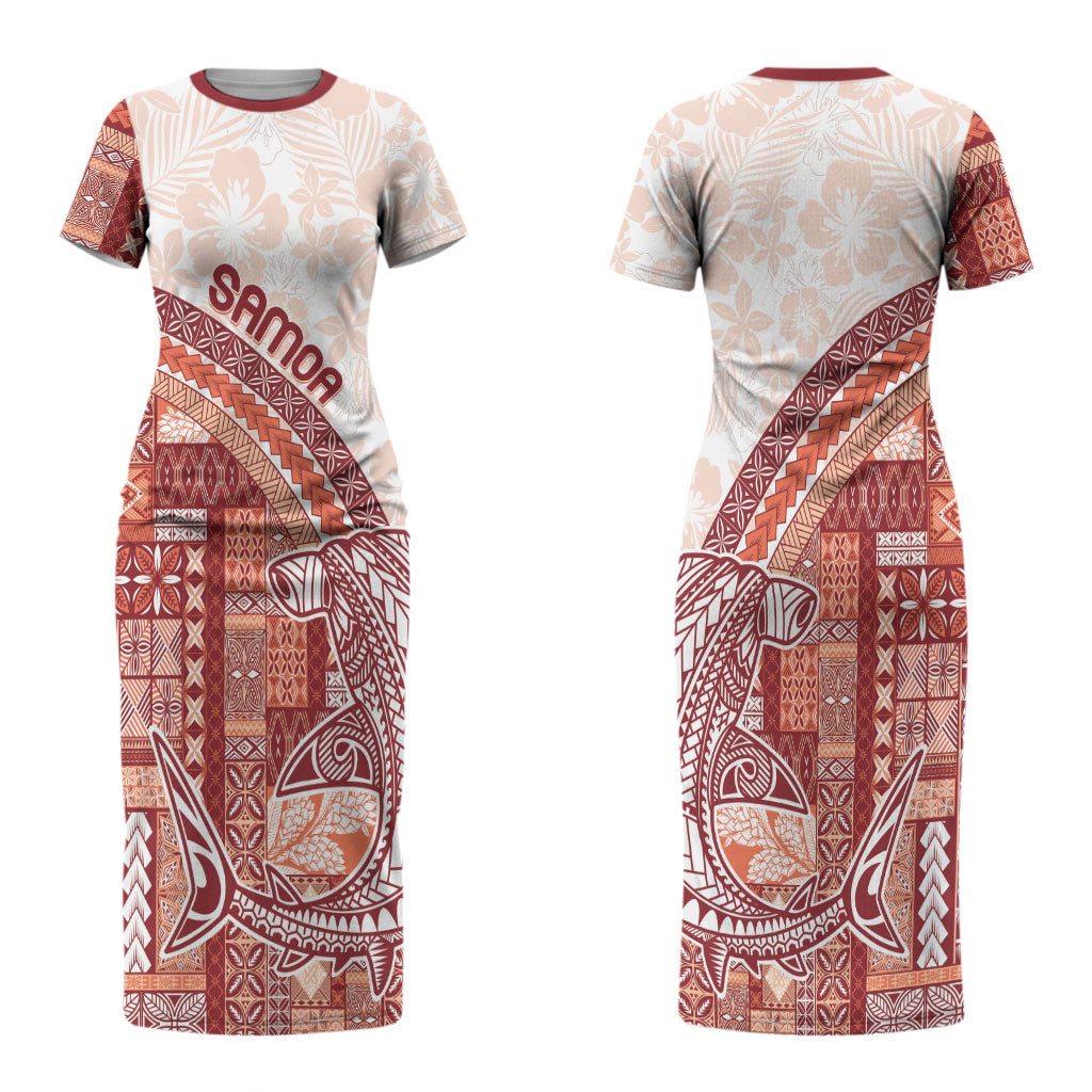 Samoa Mamanu Siapo Crimson Couples Matching Short Sleeve Bodycon Dress and Long Sleeve Button Shirt Tatau Malie LT7 - Polynesian Pride