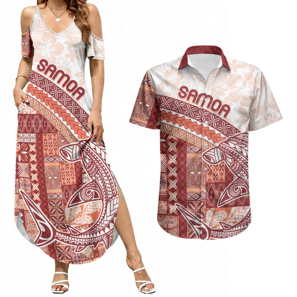 Samoa Mamanu Siapo Crimson Couples Matching Summer Maxi Dress and Hawaiian Shirt Tatau Malie LT7 Red - Polynesian Pride