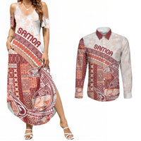 Samoa Mamanu Siapo Crimson Couples Matching Summer Maxi Dress and Long Sleeve Button Shirt Tatau Malie LT7 Red - Polynesian Pride