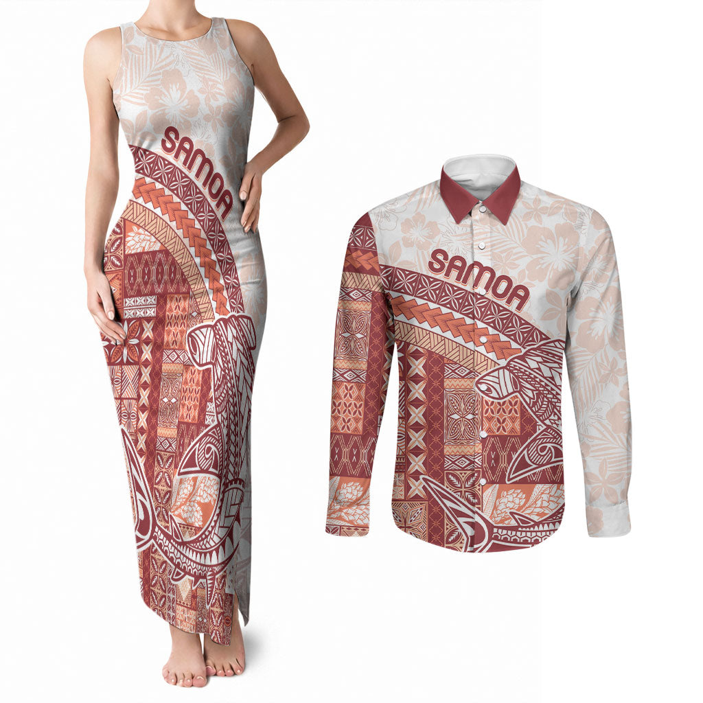Samoa Mamanu Siapo Crimson Couples Matching Tank Maxi Dress and Long Sleeve Button Shirt Tatau Malie LT7 Red - Polynesian Pride