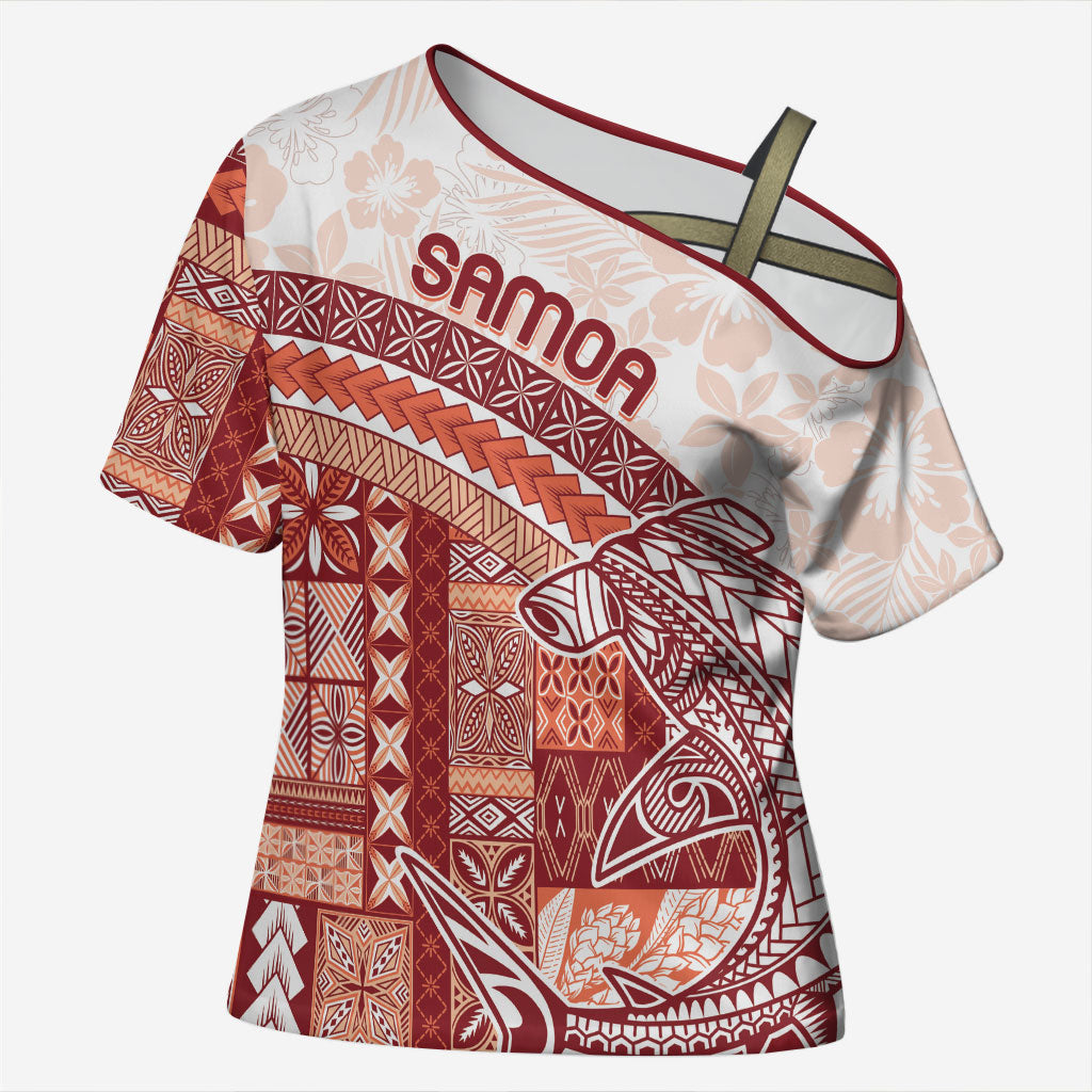Samoa Mamanu Siapo Crimson Cross Shoulder Shirt Tatau Malie LT7 Female Red - Polynesian Pride