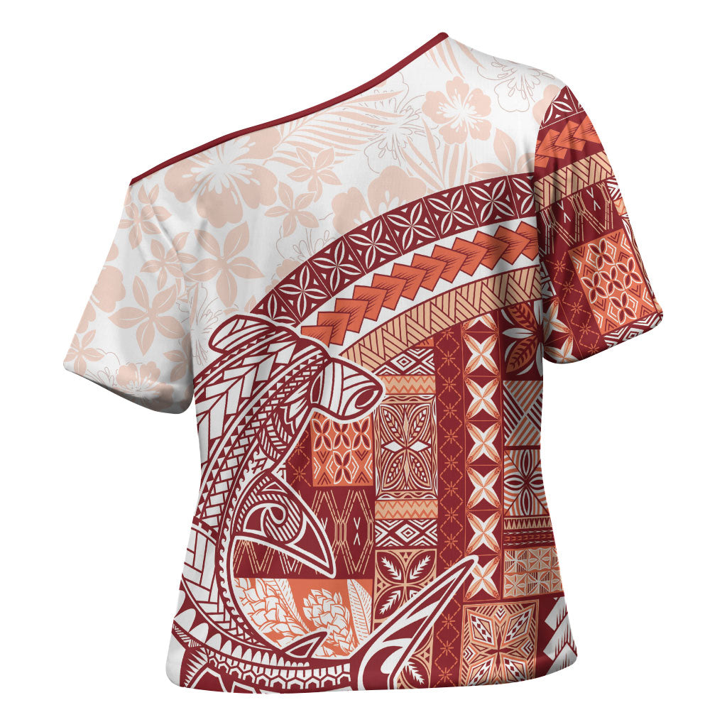 Samoa Mamanu Siapo Crimson Cross Shoulder Shirt Tatau Malie LT7 - Polynesian Pride
