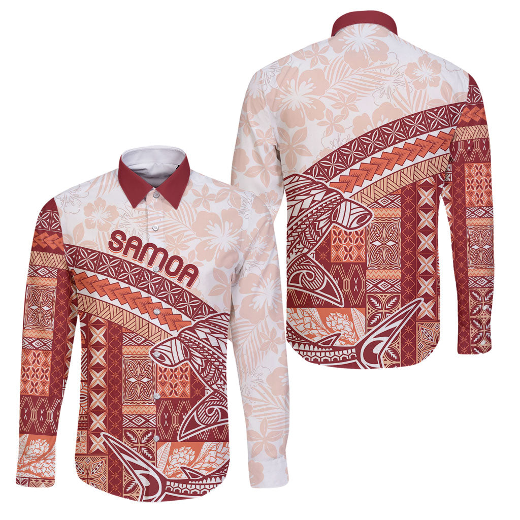 Samoa Mamanu Siapo Crimson Family Matching Puletasi and Hawaiian Shirt Tatau Malie LT7 Dad's Shirt - Long Sleeve Red - Polynesian Pride