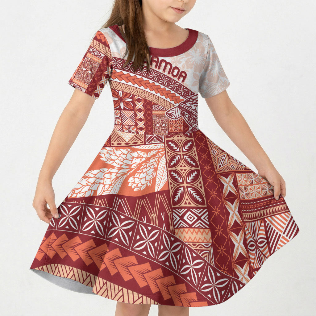 Samoa Mamanu Siapo Crimson Kid Short Sleeve Dress Tatau Malie LT7 KID Red - Polynesian Pride