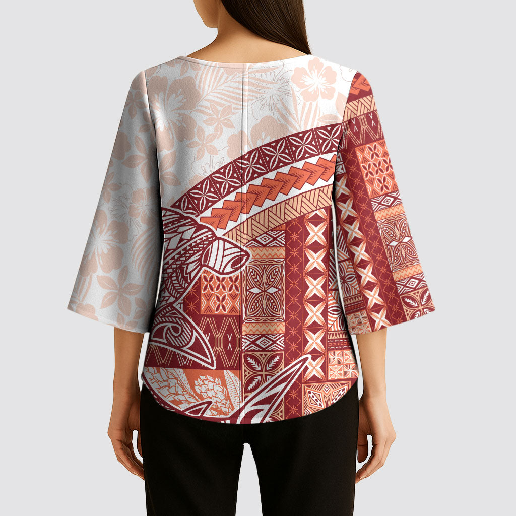 Samoa Mamanu Siapo Crimson Kimono Sleeve Blouse Tatau Malie LT7 - Polynesian Pride