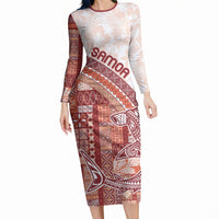 Samoa Mamanu Siapo Crimson Long Sleeve Bodycon Dress Tatau Malie LT7 Long Dress Red - Polynesian Pride