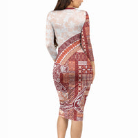 Samoa Mamanu Siapo Crimson Long Sleeve Bodycon Dress Tatau Malie LT7 - Polynesian Pride