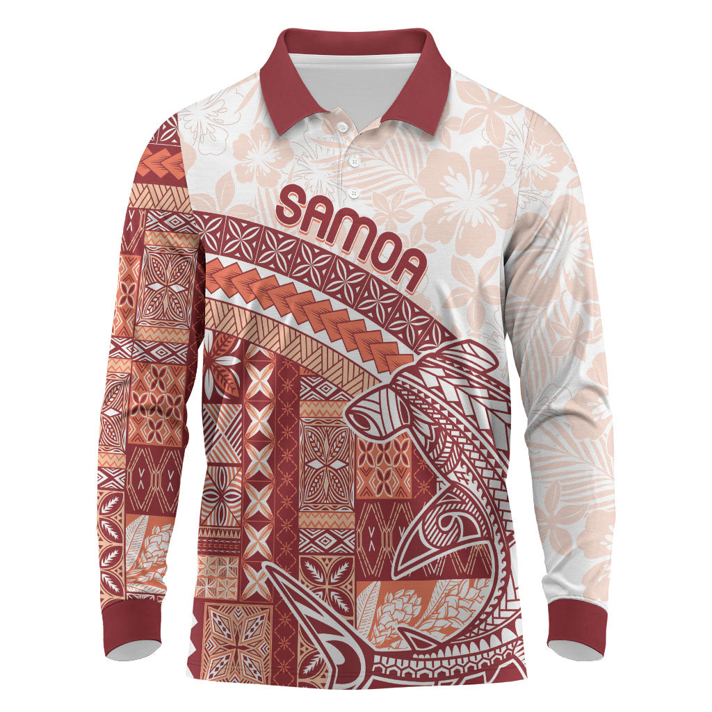 Samoa Mamanu Siapo Crimson Long Sleeve Polo Shirt Tatau Malie LT7 Red - Polynesian Pride