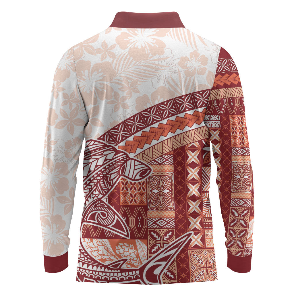 Samoa Mamanu Siapo Crimson Long Sleeve Polo Shirt Tatau Malie LT7 - Polynesian Pride