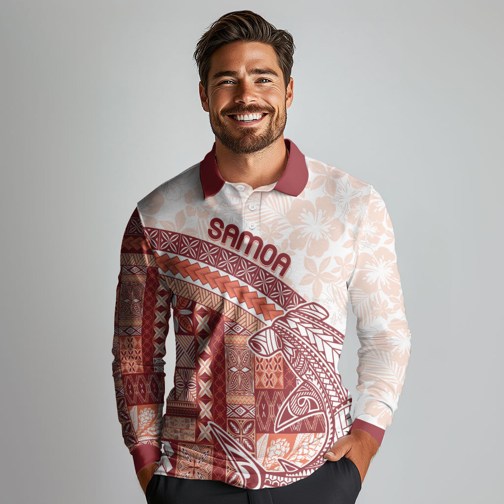 Samoa Mamanu Siapo Crimson Long Sleeve Polo Shirt Tatau Malie LT7 - Polynesian Pride