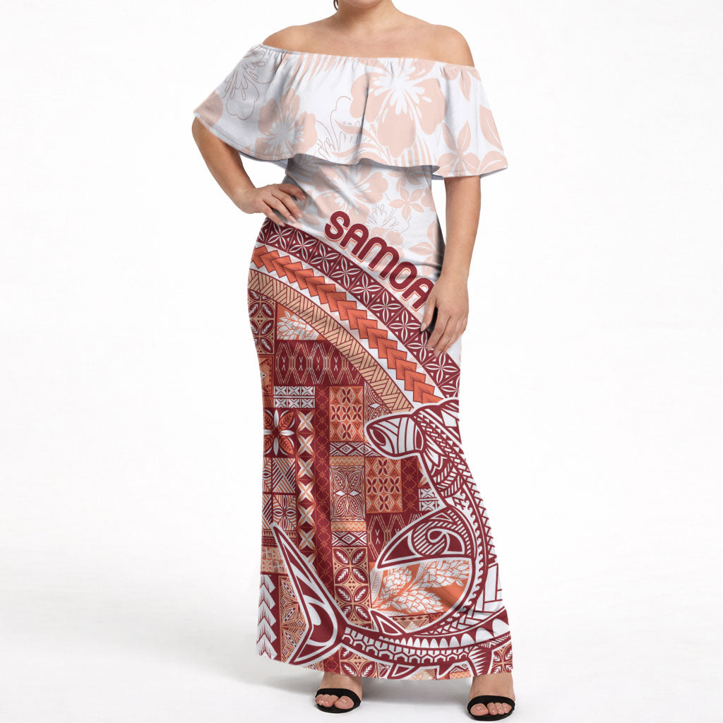 Samoa Mamanu Siapo Crimson Off Shoulder Maxi Dress Tatau Malie LT7 Women Red - Polynesian Pride