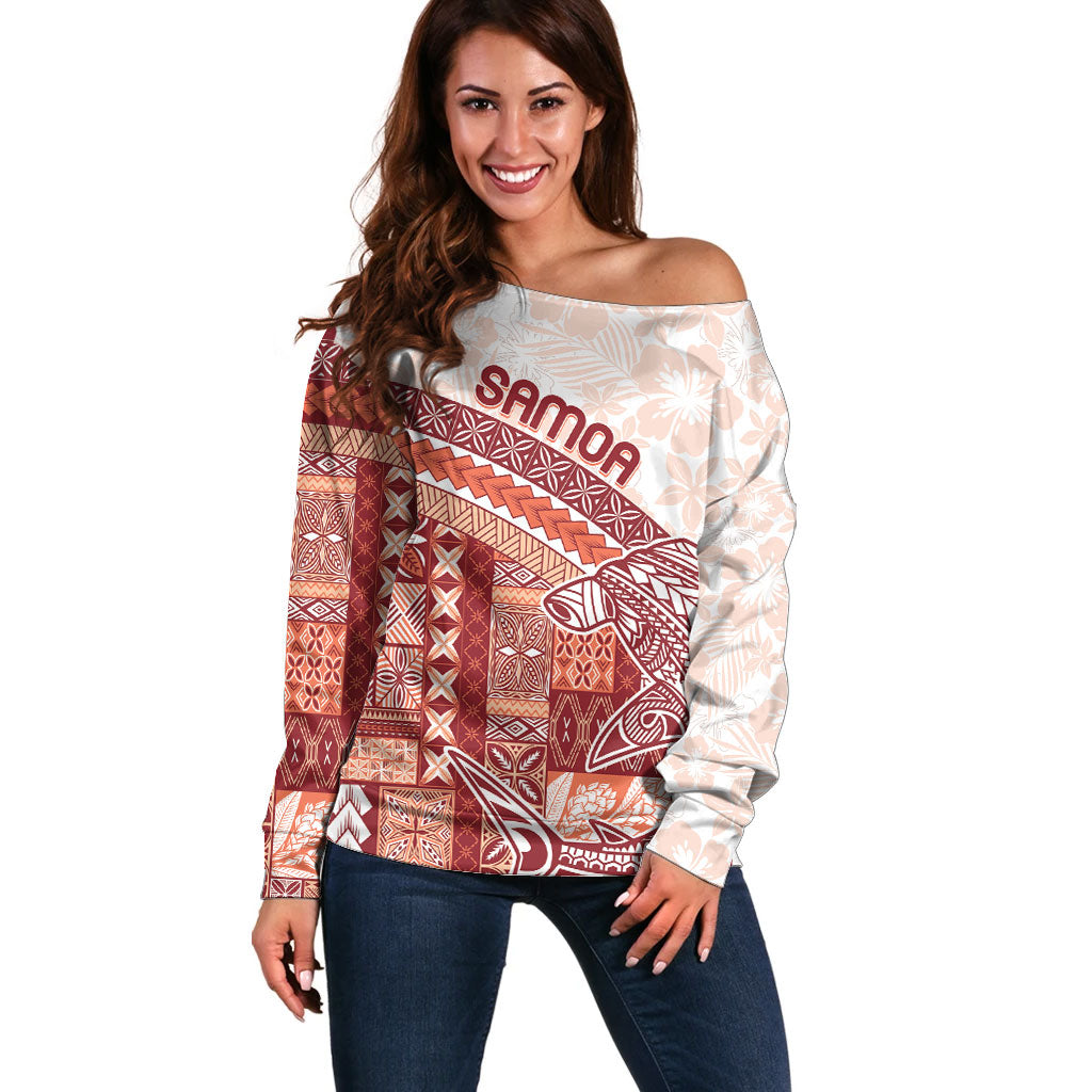 Samoa Mamanu Siapo Crimson Off Shoulder Sweater Tatau Malie LT7 Women Red - Polynesian Pride