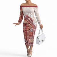 Samoa Mamanu Siapo Crimson Off The Shoulder Long Sleeve Dress Tatau Malie LT7 Women Red - Polynesian Pride
