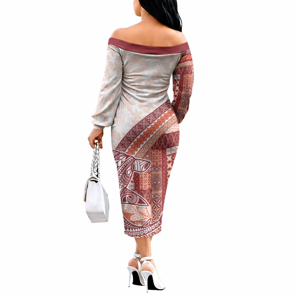 Samoa Mamanu Siapo Crimson Off The Shoulder Long Sleeve Dress Tatau Malie LT7 - Polynesian Pride