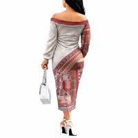 Samoa Mamanu Siapo Crimson Off The Shoulder Long Sleeve Dress Tatau Malie LT7 - Polynesian Pride