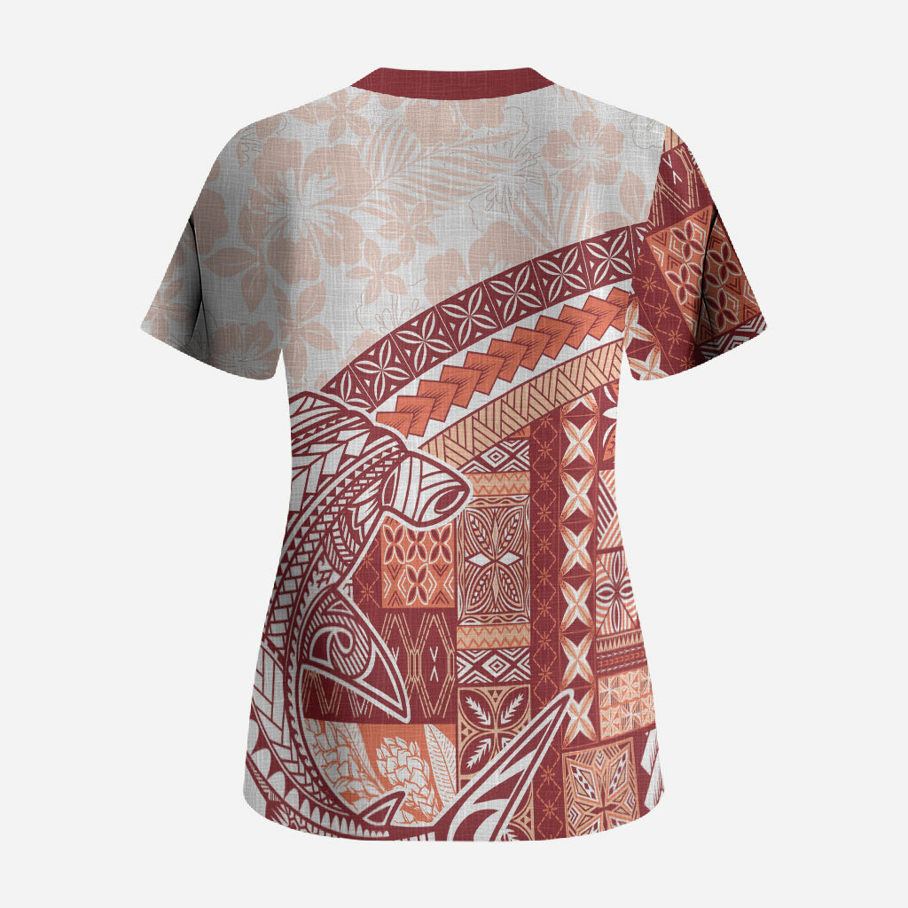 Samoa Mamanu Siapo Crimson Scrub Top Tatau Malie LT7 - Polynesian Pride