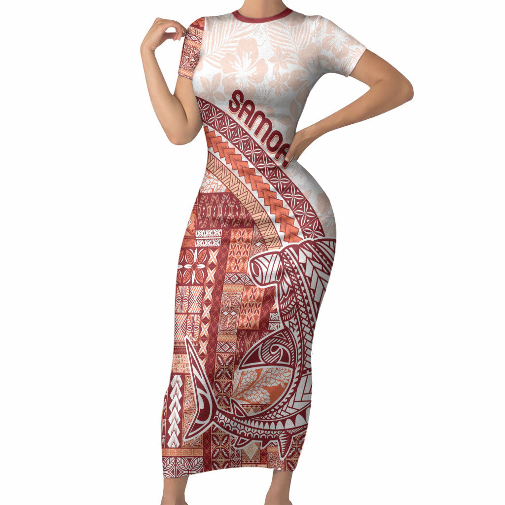 Samoa Mamanu Siapo Crimson Short Sleeve Bodycon Dress Tatau Malie LT7 Long Dress Red - Polynesian Pride