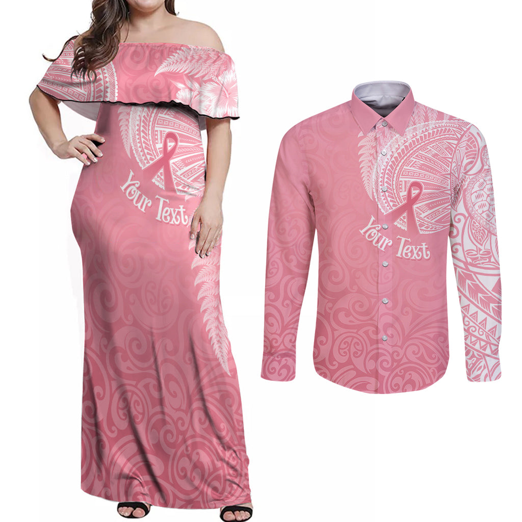 Personalised New Zealand Couples Matching Off Shoulder Maxi Dress and Long Sleeve Button Shirts Pink Ribbon Tattoo Mix Silver Fern LT7 Pink - Polynesian Pride