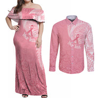 Personalised New Zealand Couples Matching Off Shoulder Maxi Dress and Long Sleeve Button Shirts Pink Ribbon Tattoo Mix Silver Fern LT7 Pink - Polynesian Pride