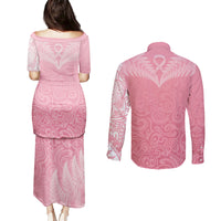 Personalised New Zealand Couples Matching Puletasi Dress and Long Sleeve Button Shirts Pink Ribbon Tattoo Mix Silver Fern LT7 - Polynesian Pride
