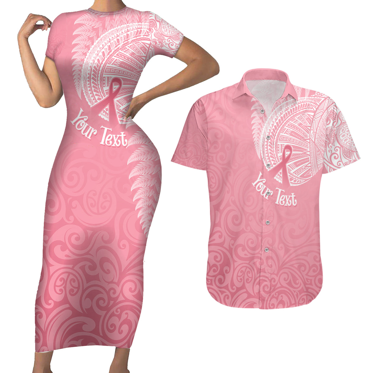 Personalised New Zealand Couples Matching Short Sleeve Bodycon Dress and Hawaiian Shirt Pink Ribbon Tattoo Mix Silver Fern LT7 Pink - Polynesian Pride