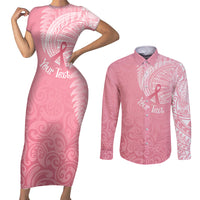 Personalised New Zealand Couples Matching Short Sleeve Bodycon Dress and Long Sleeve Button Shirts Pink Ribbon Tattoo Mix Silver Fern LT7 Pink - Polynesian Pride