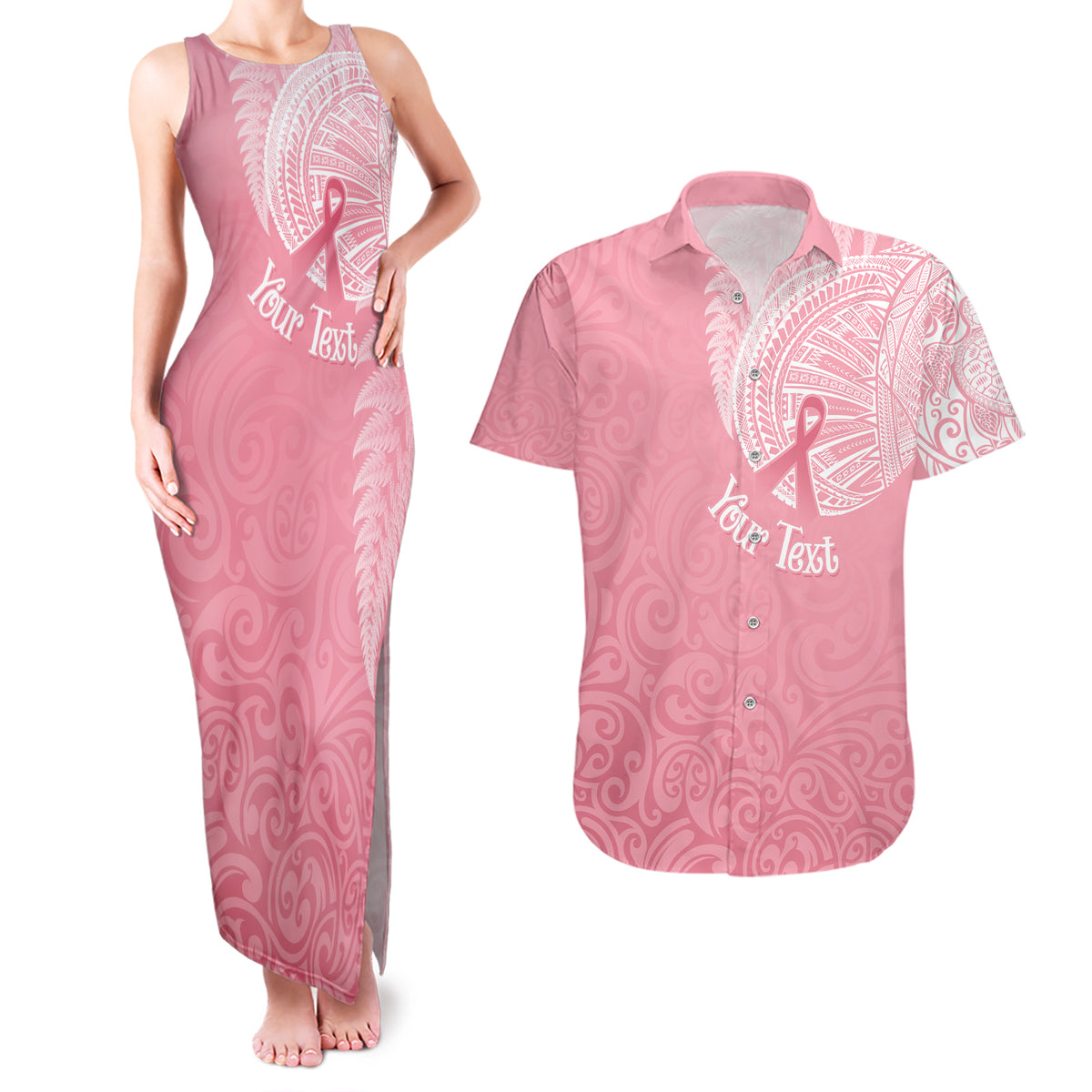 Personalised New Zealand Couples Matching Tank Maxi Dress and Hawaiian Shirt Pink Ribbon Tattoo Mix Silver Fern LT7 Pink - Polynesian Pride