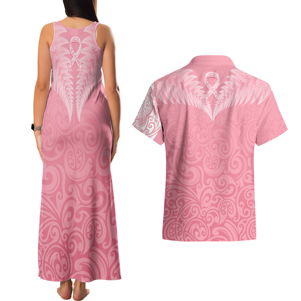 Personalised New Zealand Couples Matching Tank Maxi Dress and Hawaiian Shirt Pink Ribbon Tattoo Mix Silver Fern LT7 - Polynesian Pride