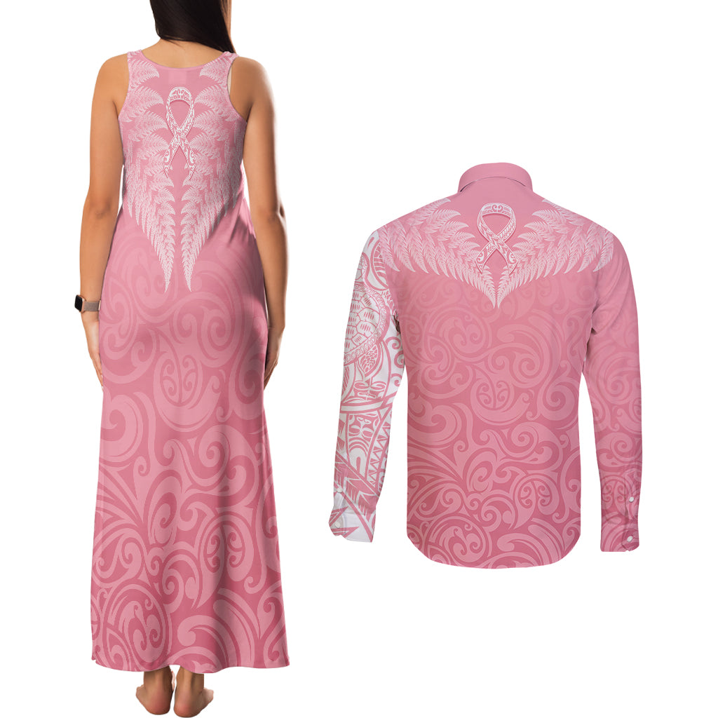 Personalised New Zealand Couples Matching Tank Maxi Dress and Long Sleeve Button Shirts Pink Ribbon Tattoo Mix Silver Fern LT7 - Polynesian Pride